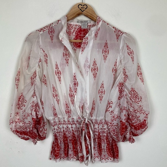Sans Souci silk cotton blend boho open red and white top. Size large - Picture 1 of 5